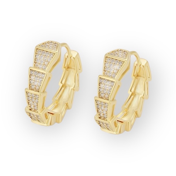 Snake Hoop Earrings 14k Gold Plated 925 Sterling Silver CZ Stone Luxury - Picture 1 of 10